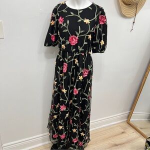 Black Maxi Floral Mesh Embroidery Dress